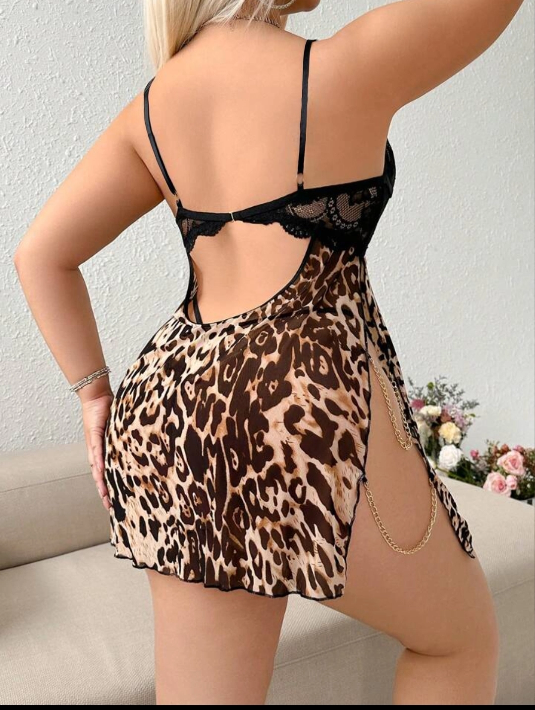 Büyük Beden Leopar Desenli Dantel Detaylı 2’li Gecelik ve Tanga Takım